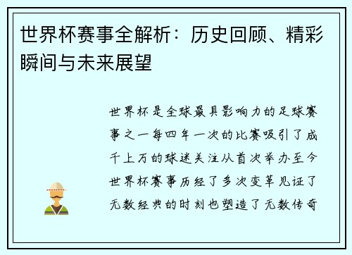 世界杯赛事全解析：历史回顾、精彩瞬间与未来展望