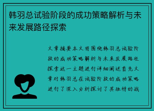 韩羽总试验阶段的成功策略解析与未来发展路径探索
